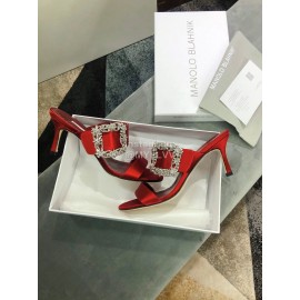 Manolo Blahnik Spring And Summer Silk High Heeled Slippers For Women Red