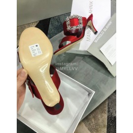 Manolo Blahnik Spring And Summer Silk High Heeled Slippers For Women Red