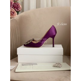 Manolo Blahnik Silk Sheepskin Diamond Buckle Shoes For Women Purple