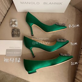 Manolo Blahnik Silk Sheepskin Diamond Buckle Shoes For Women Green