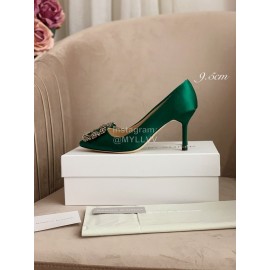 Manolo Blahnik Silk Sheepskin Diamond Buckle Shoes For Women Green