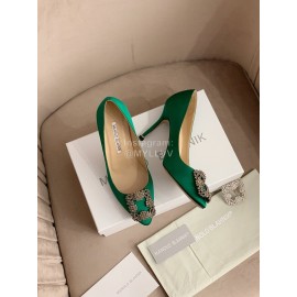 Manolo Blahnik Silk Sheepskin Diamond Buckle Shoes For Women Green