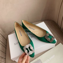 Manolo Blahnik Silk Sheepskin Diamond Buckle Shoes For Women Green