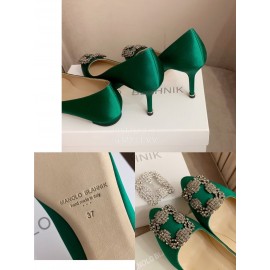 Manolo Blahnik Silk Sheepskin Diamond Buckle Shoes For Women Green