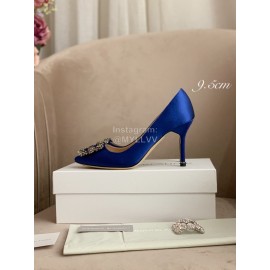 Manolo Blahnik Silk Sheepskin Diamond Buckle Shoes For Women Blue