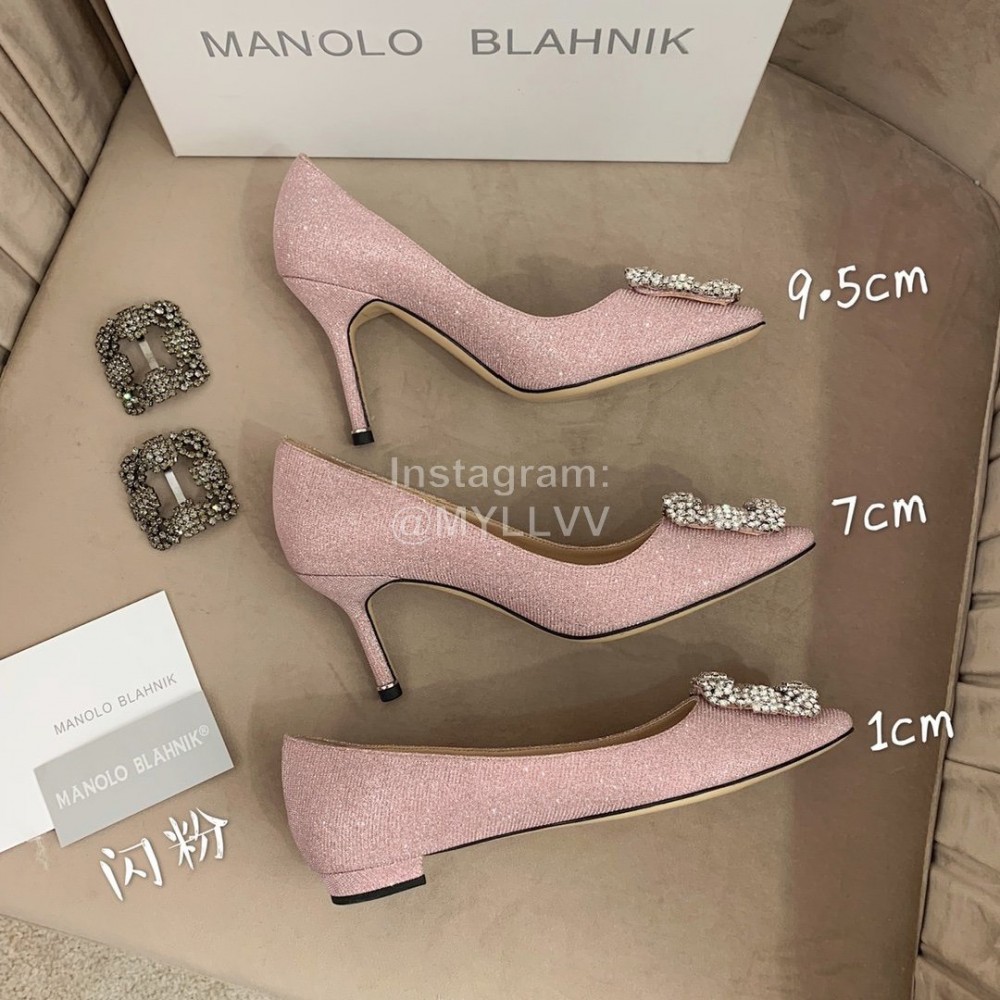 Manolo Blahnik Silk Sheepskin Diamond Buckle Shoes For Women Pink