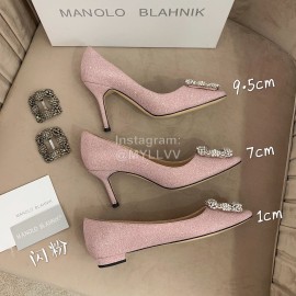 Manolo Blahnik Silk Sheepskin Diamond Buckle Shoes For Women Pink
