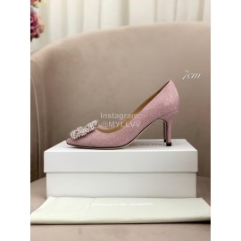 Manolo Blahnik Silk Sheepskin Diamond Buckle Shoes For Women Pink