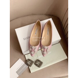 Manolo Blahnik Silk Sheepskin Diamond Buckle Shoes For Women Pink