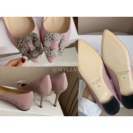 Manolo Blahnik Silk Sheepskin Diamond Buckle Shoes For Women Pink