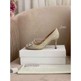 Manolo Blahnik New Silk Sheepskin Diamond Buckle Shoes For Women Green