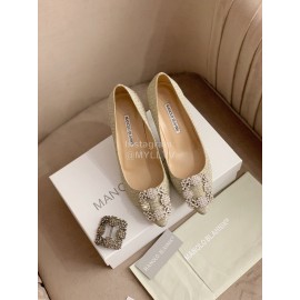 Manolo Blahnik New Silk Sheepskin Diamond Buckle Shoes For Women Green