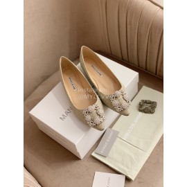 Manolo Blahnik New Silk Sheepskin Diamond Buckle Shoes For Women Green