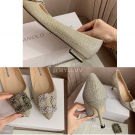 Manolo Blahnik New Silk Sheepskin Diamond Buckle Shoes For Women Green