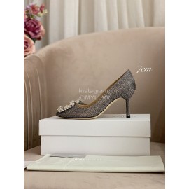 Manolo Blahnik New Silk Sheepskin Diamond Buckle Shoes Gray For Women 