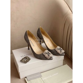 Manolo Blahnik New Silk Sheepskin Diamond Buckle Shoes Gray For Women 