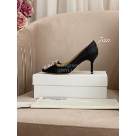 Manolo Blahnik New Silk Sheepskin Diamond Buckle Shoes For Women Black
