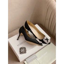 Manolo Blahnik New Silk Sheepskin Diamond Buckle Shoes For Women Black