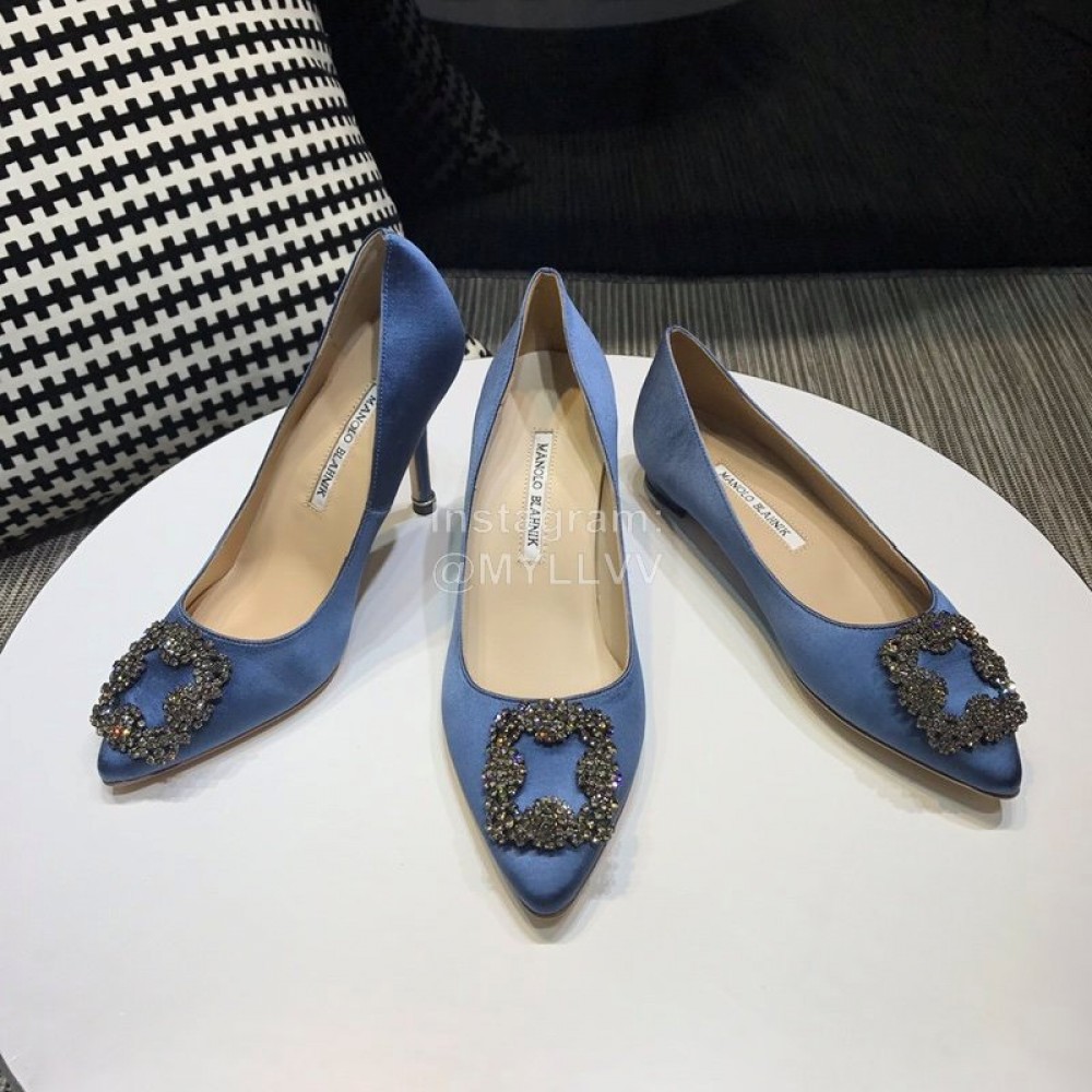 Manolo Blahnik New Diamond Buckle Silk Sheepskin Shoes Blue For Women 