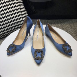 Manolo Blahnik New Diamond Buckle Silk Sheepskin Shoes Blue For Women 