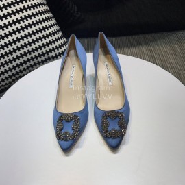 Manolo Blahnik New Diamond Buckle Silk Sheepskin Shoes Blue For Women 