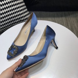 Manolo Blahnik New Diamond Buckle Silk Sheepskin Shoes Blue For Women 