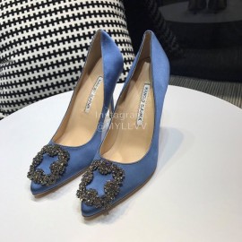 Manolo Blahnik New Diamond Buckle Silk Sheepskin Shoes Blue For Women 