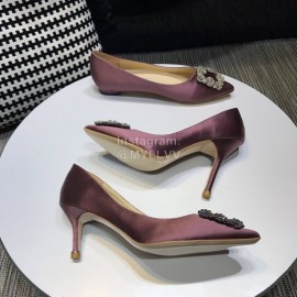 Manolo Blahnik New Diamond Buckle Silk Sheepskin Shoes For Women Purple