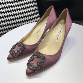 Manolo Blahnik New Diamond Buckle Silk Sheepskin Shoes For Women Purple