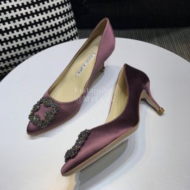 Manolo Blahnik New Diamond Buckle Silk Sheepskin Shoes For Women Purple