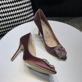 Manolo Blahnik New Diamond Buckle Silk Sheepskin Shoes For Women Purple