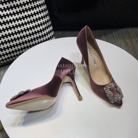 Manolo Blahnik New Diamond Buckle Silk Sheepskin Shoes For Women Purple