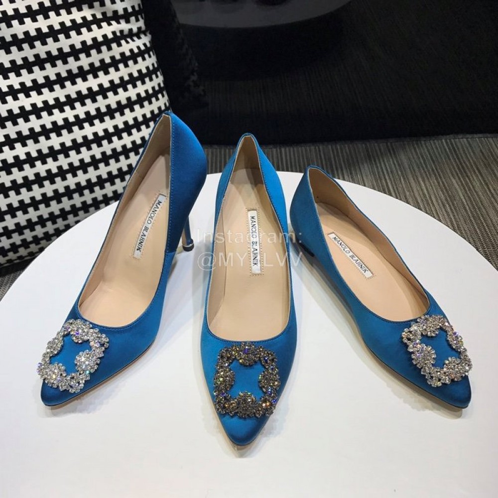 Manolo Blahnik New Diamond Buckle Blue Silk Sheepskin Shoes For Women 