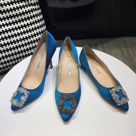 Manolo Blahnik New Diamond Buckle Blue Silk Sheepskin Shoes For Women 