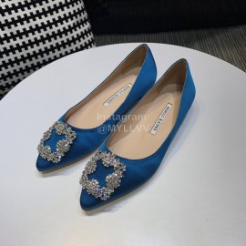 Manolo Blahnik New Diamond Buckle Blue Silk Sheepskin Shoes For Women 