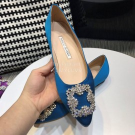 Manolo Blahnik New Diamond Buckle Blue Silk Sheepskin Shoes For Women 