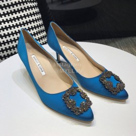 Manolo Blahnik New Diamond Buckle Blue Silk Sheepskin Shoes For Women 