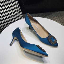 Manolo Blahnik New Diamond Buckle Blue Silk Sheepskin Shoes For Women 
