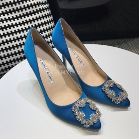 Manolo Blahnik New Diamond Buckle Blue Silk Sheepskin Shoes For Women 