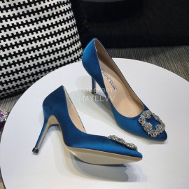 Manolo Blahnik New Diamond Buckle Blue Silk Sheepskin Shoes For Women 