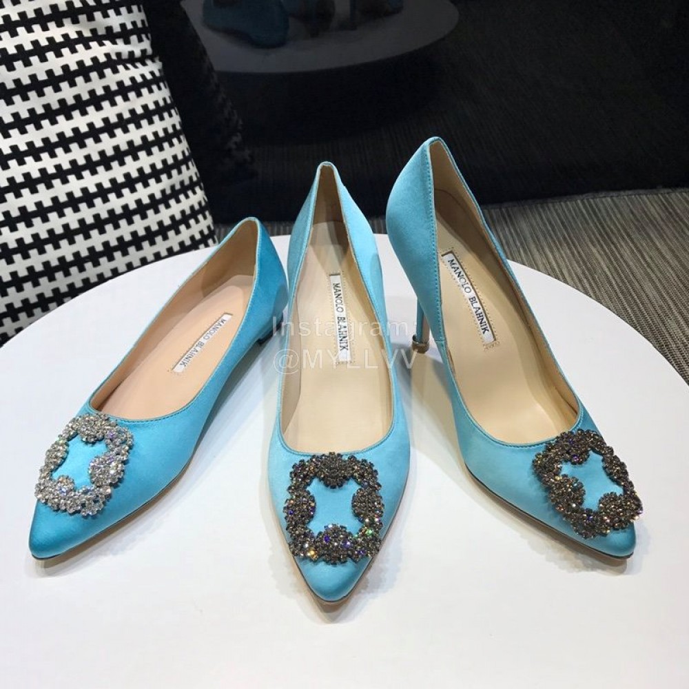 Manolo Blahnik New Blue Diamond Buckle Silk Sheepskin Shoes For Women 