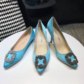 Manolo Blahnik New Blue Diamond Buckle Silk Sheepskin Shoes For Women 