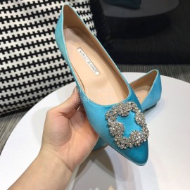 Manolo Blahnik New Blue Diamond Buckle Silk Sheepskin Shoes For Women 