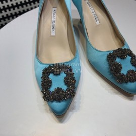 Manolo Blahnik New Blue Diamond Buckle Silk Sheepskin Shoes For Women 