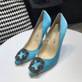 Manolo Blahnik New Blue Diamond Buckle Silk Sheepskin Shoes For Women 