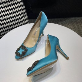 Manolo Blahnik New Blue Diamond Buckle Silk Sheepskin Shoes For Women 