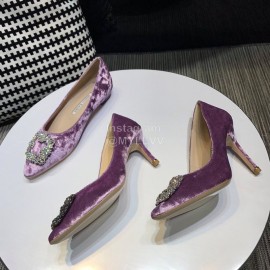 Manolo Blahnik Elegant Diamond Buckle Velvet Shoes For Women Purple