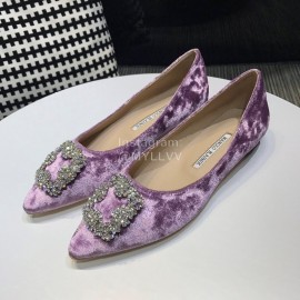 Manolo Blahnik Elegant Diamond Buckle Velvet Shoes For Women Purple