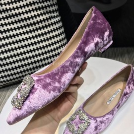 Manolo Blahnik Elegant Diamond Buckle Velvet Shoes For Women Purple