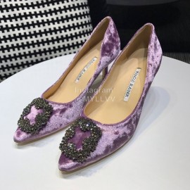 Manolo Blahnik Elegant Diamond Buckle Velvet Shoes For Women Purple